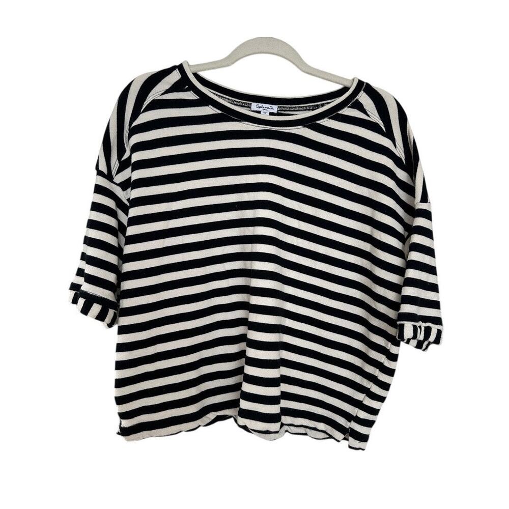 Splendid Black Ivory Striped French Terry Short Sleeve Knit Top Size Small